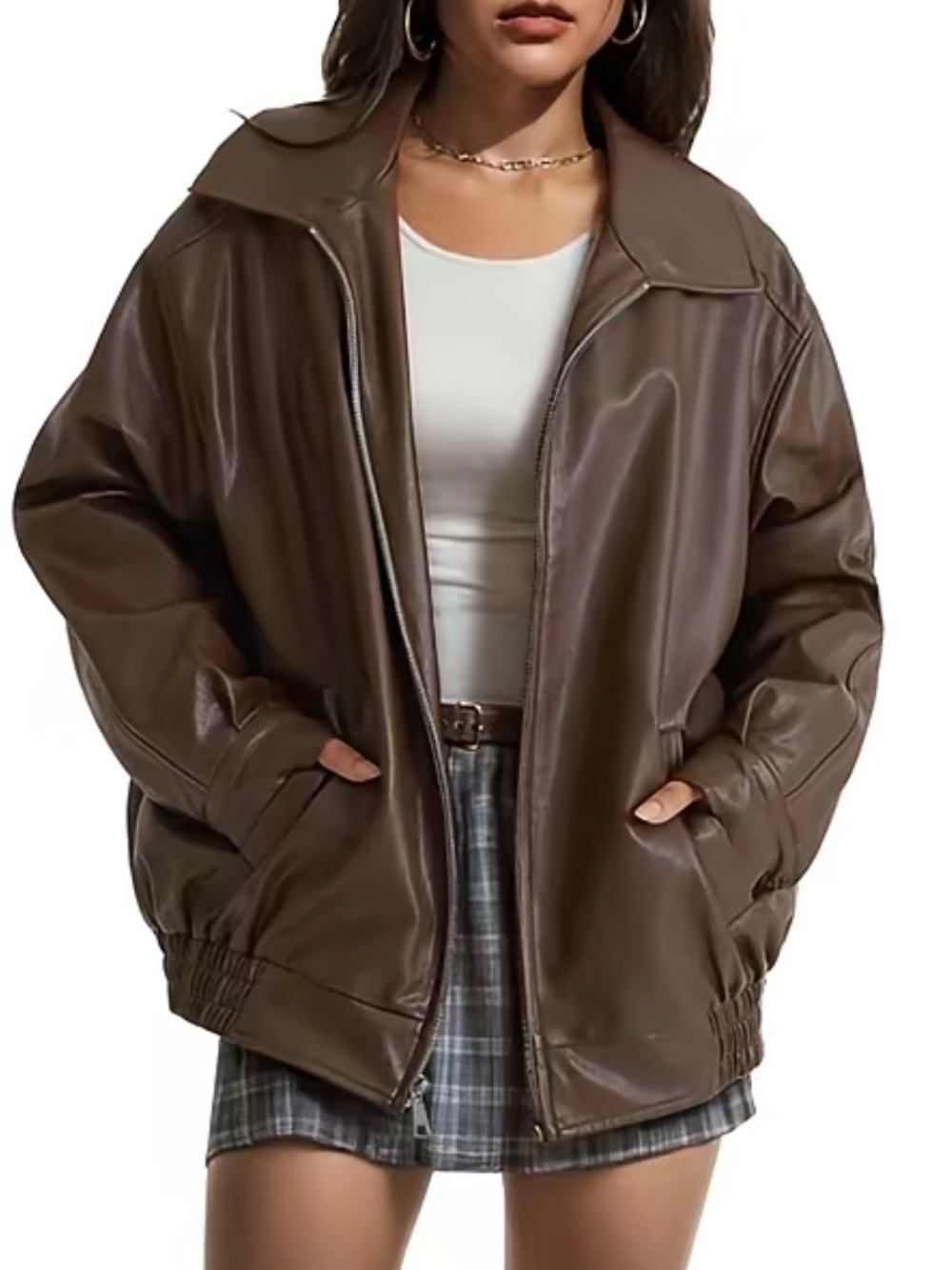 Brown Faux Leather Oversized Jacket - Women